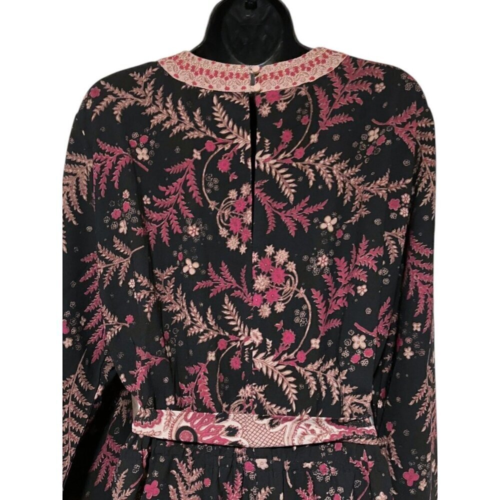 One September Jumpsuit XL Wide Leg Wrap Bodice Embroidered Black Burgundy Resort - Picture 6 of 12